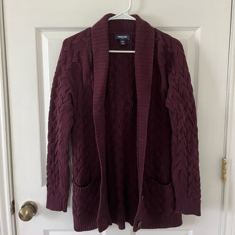 Lands' End Women's Cable Knit Dark Purple Cardigan
